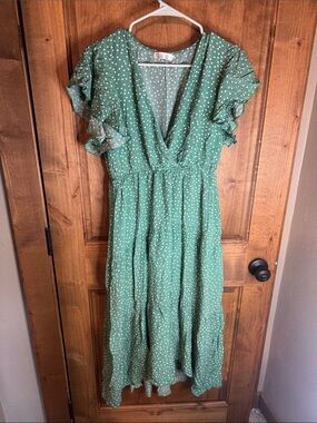 Green Polka-Print V-Neck Ruffle Midi Dress